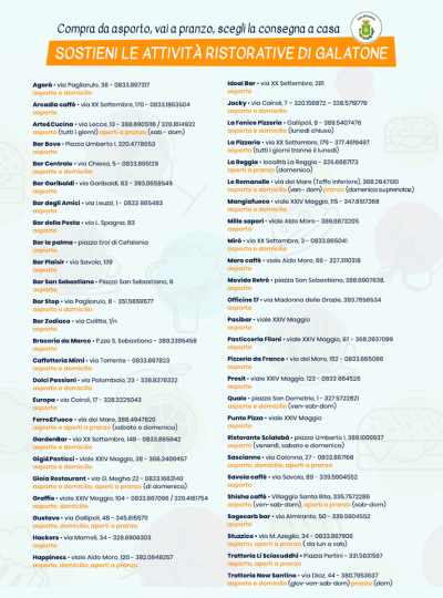 ELENCO ATTIVITÁ RISTORATIVE D’ASPORTO DELLA CITTA DI GALATONE