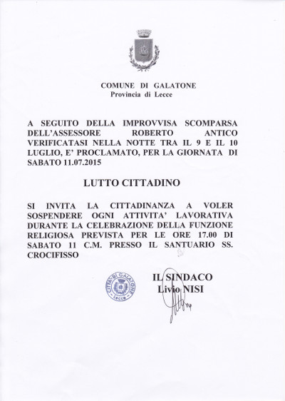 Sabato 11 luglio LUTTO CITTADINO