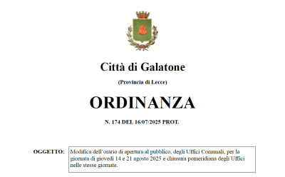 Modifica dell’orario di apertura al pubblico, degli Uffici Comunali, pe...