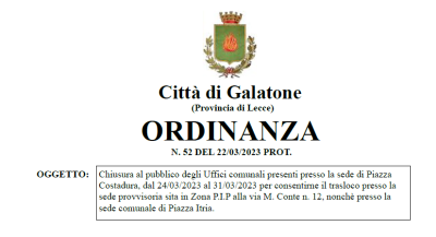 Ordinanza n. 52_2023 - Chiusura al pubblico degli Uffici comunali presenti pr...