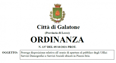 Proroga disposizione relativa all`orario di apertura al pubblico degli Uffici...